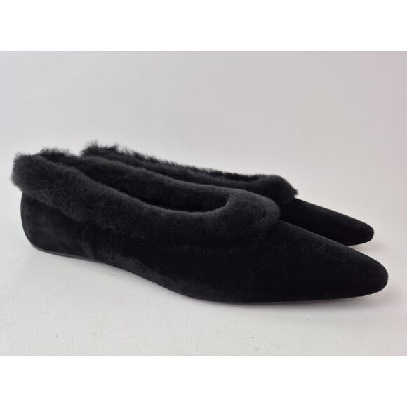 Toteme Women's Black Shearling Trim Velvet Pointed Toe Ballet Flat Size 38 - Picture 1 of 6